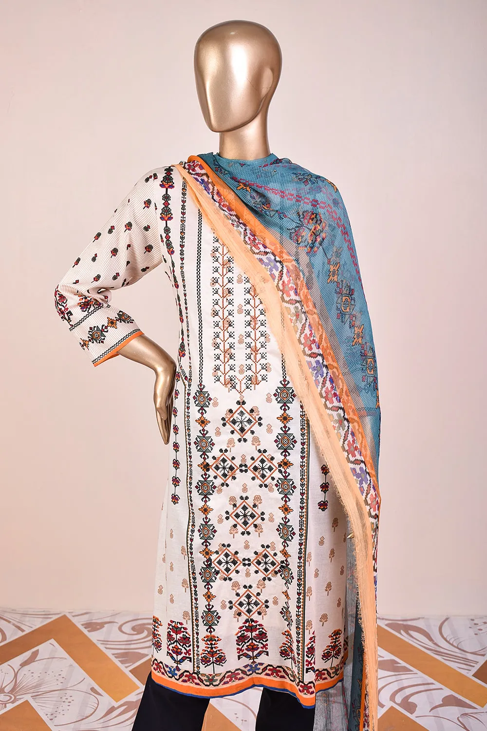 3 Pc Unstitched Embroidered Lawn Dress with Chiffon Printed Dupatta - Folklore (JEL-05)