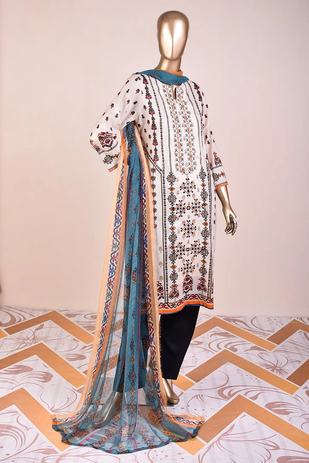 3 Pc Unstitched Embroidered Lawn Dress with Chiffon Printed Dupatta - Folklore (JEL-05)