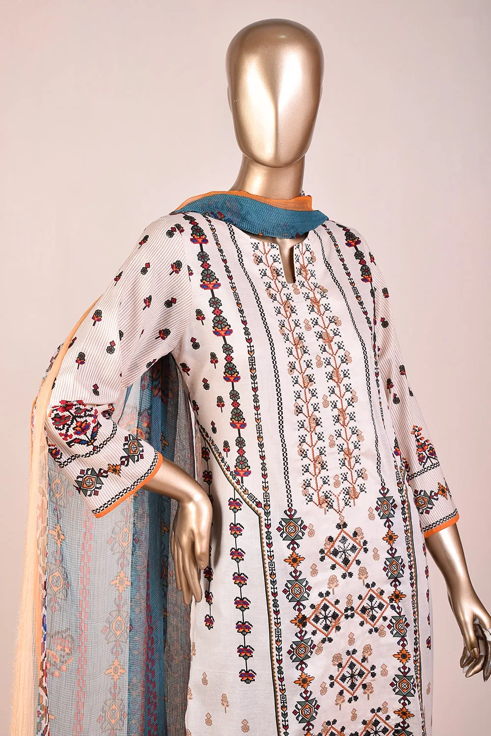 3 Pc Unstitched Embroidered Lawn Dress with Chiffon Printed Dupatta - Folklore (JEL-05)