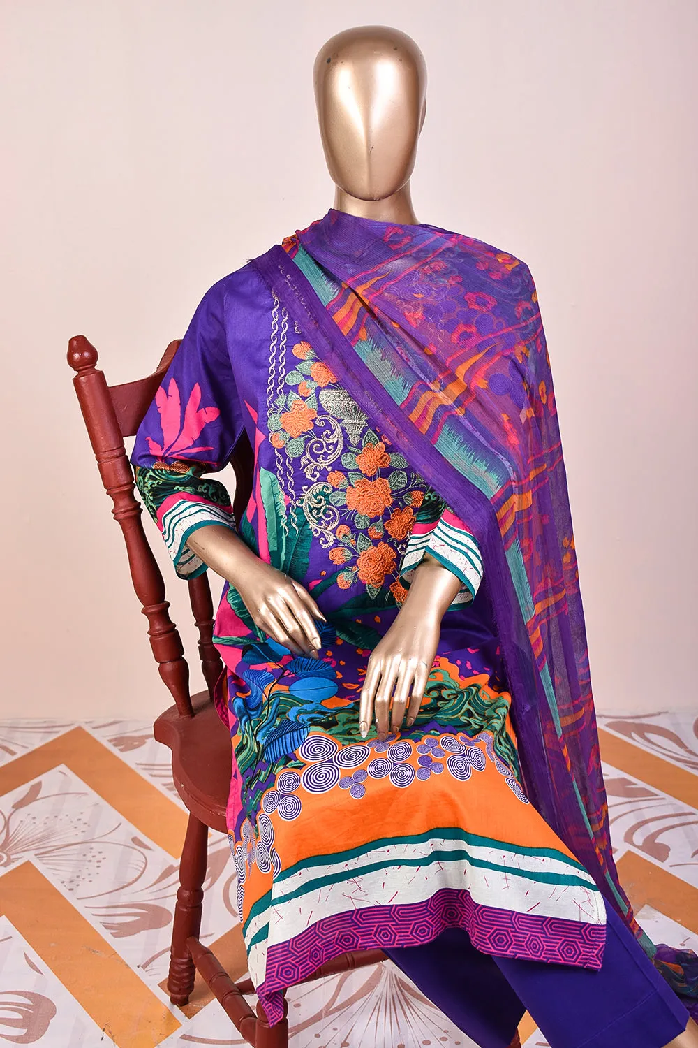 3 Pc Unstitched Embroidered Lawn Dress with Chiffon Printed Dupatta - Smoky Sky (JEL-02)