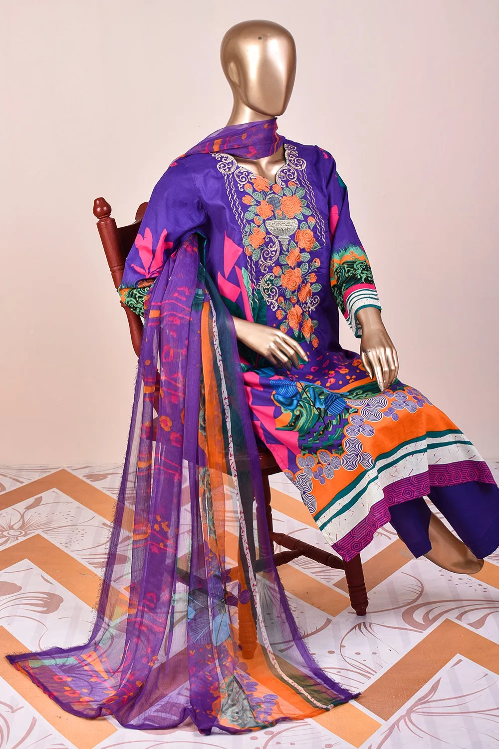 3 Pc Unstitched Embroidered Lawn Dress with Chiffon Printed Dupatta - Smoky Sky (JEL-02)
