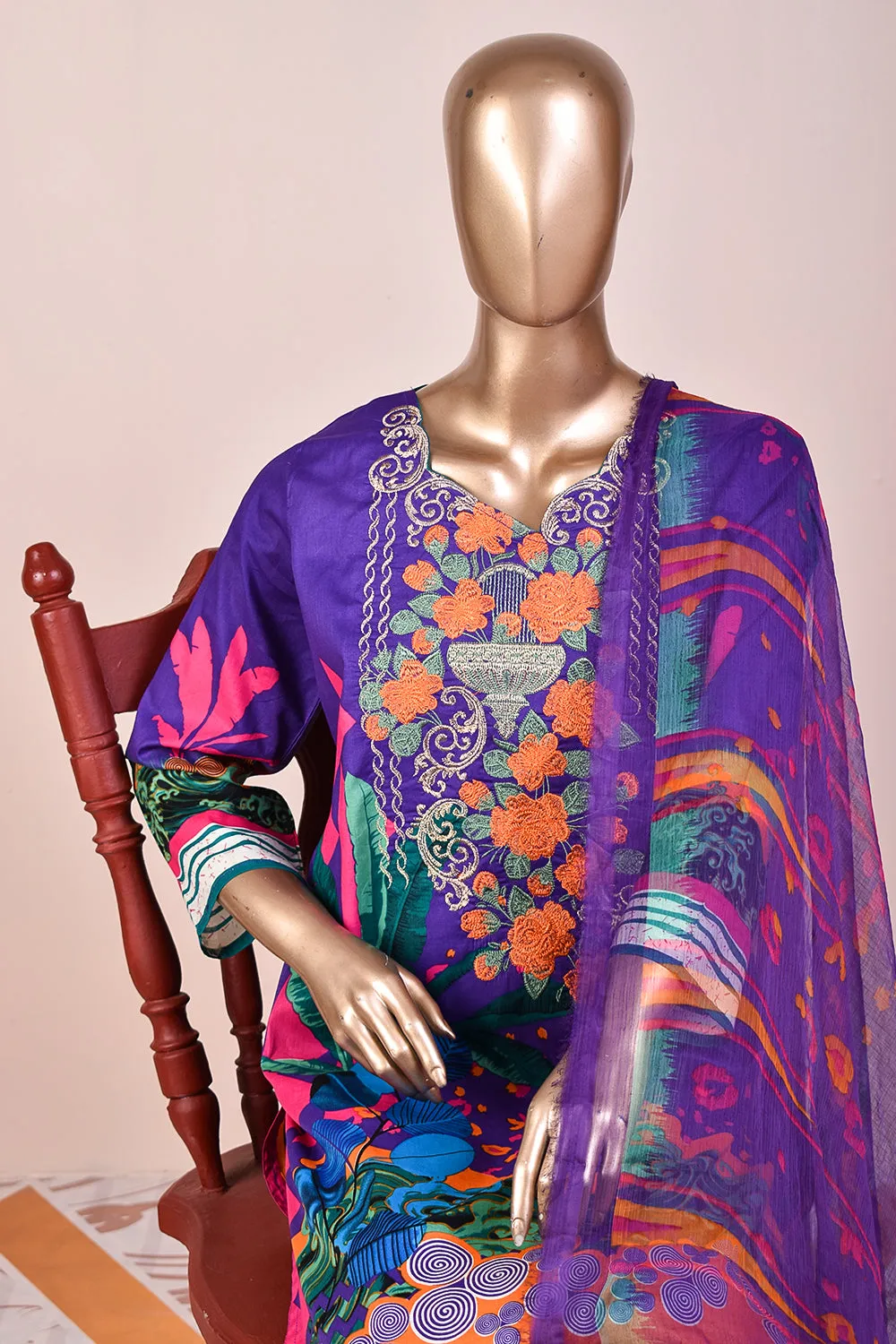 3 Pc Unstitched Embroidered Lawn Dress with Chiffon Printed Dupatta - Smoky Sky (JEL-02)