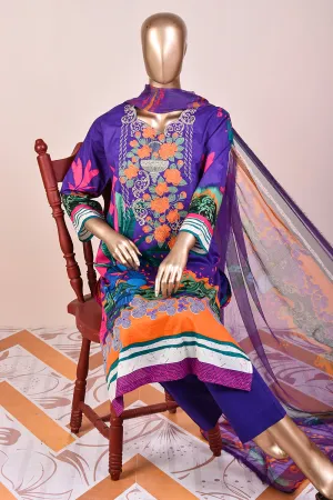 3 Pc Unstitched Embroidered Lawn Dress with Chiffon Printed Dupatta - Smoky Sky (JEL-02)