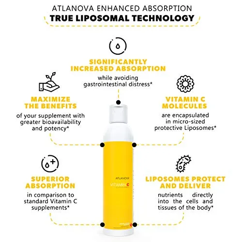 Atlanova Nutraceuticals Liposomal Vitamina C 5 oz 1000 mg mejor líquido natural sin OMG fabricado en Estados Unidos antioxidante máxima absorción sistema inmunológico soporte y colágeno Booster Liposome Lab fórmula suplemento