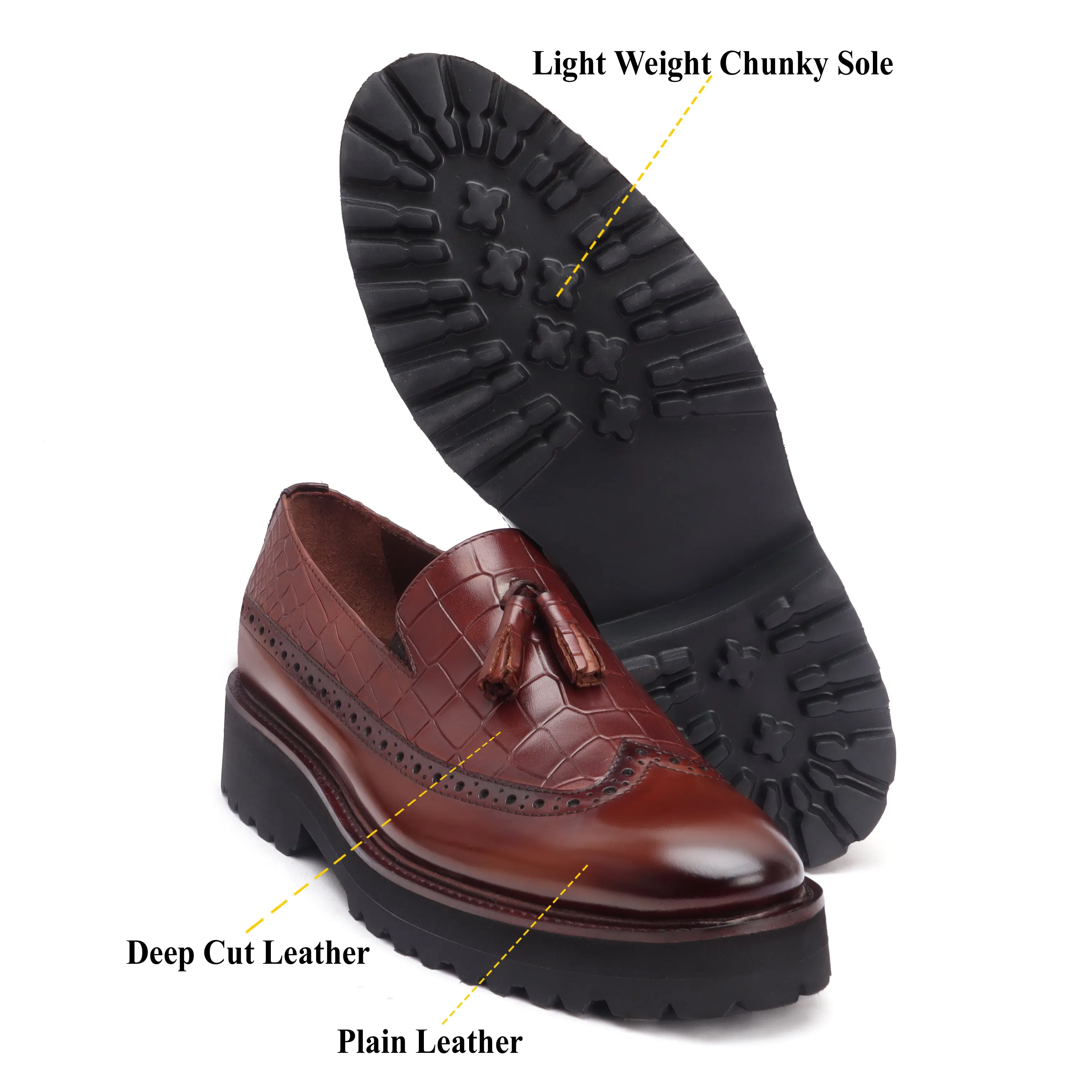 Brown Brush Off Croco Print Leather Slip-Ons Light Weight Tassel Shoes For Men By Brune & Bareskin