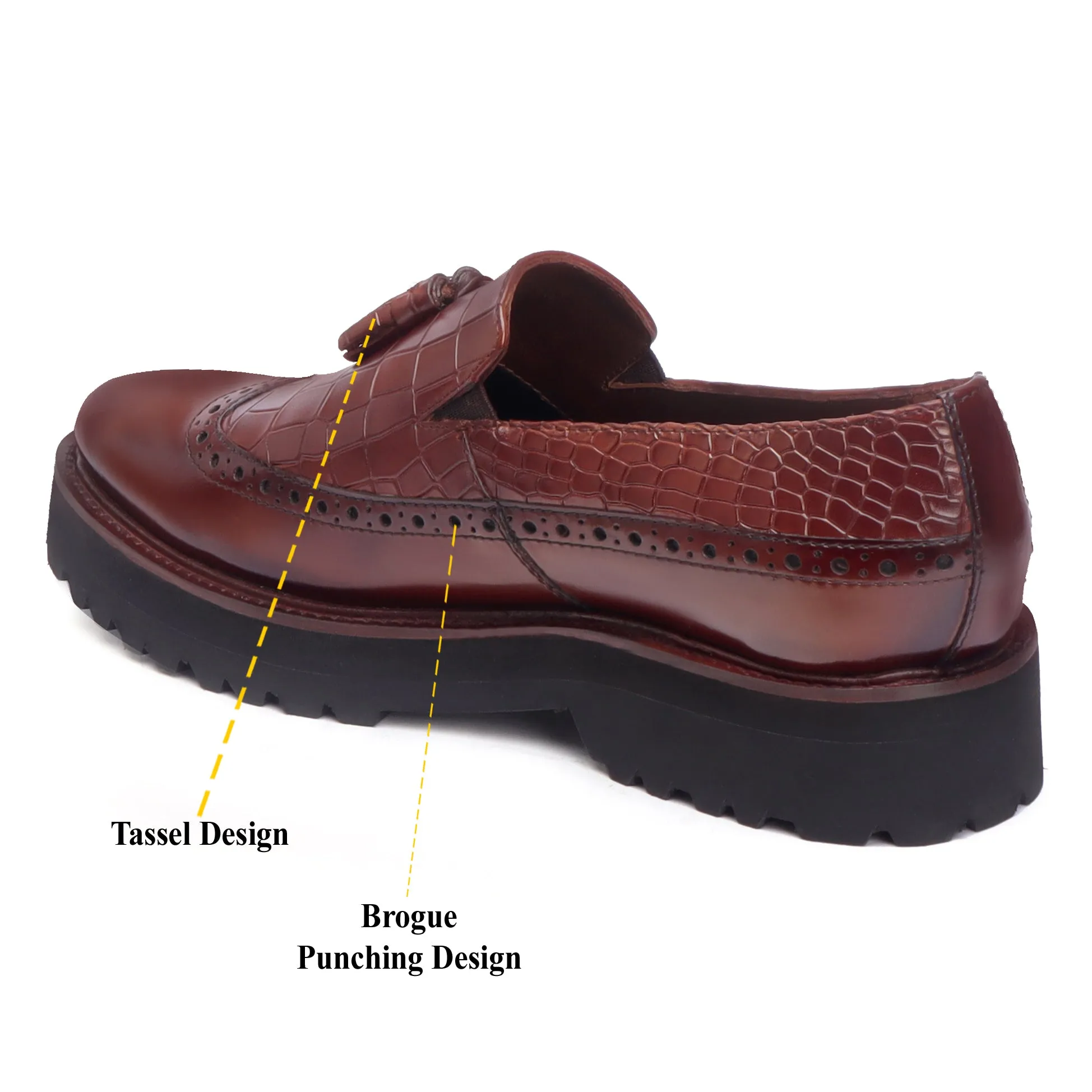 Brown Brush Off Croco Print Leather Slip-Ons Light Weight Tassel Shoes For Men By Brune & Bareskin
