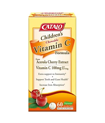 CATALO - Fórmula de vitamina C para niños, soporte de inmunidad con 100 mg de vitamina C de extracto de cereza de acerola, 60 tabletas de sabor a naranja masticables y piña