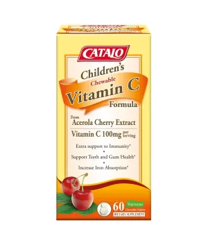 CATALO - Fórmula de vitamina C para niños, soporte de inmunidad con 100 mg de vitamina C de extracto de cereza de acerola, 60 tabletas de sabor a naranja masticables y piña