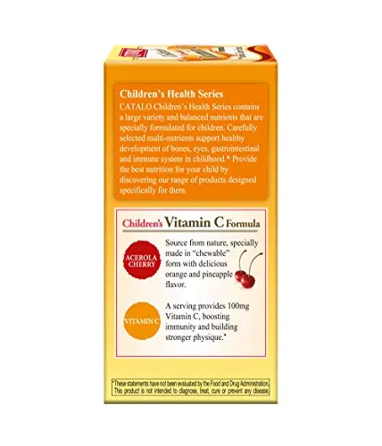 CATALO - Fórmula de vitamina C para niños, soporte de inmunidad con 100 mg de vitamina C de extracto de cereza de acerola, 60 tabletas de sabor a naranja masticables y piña