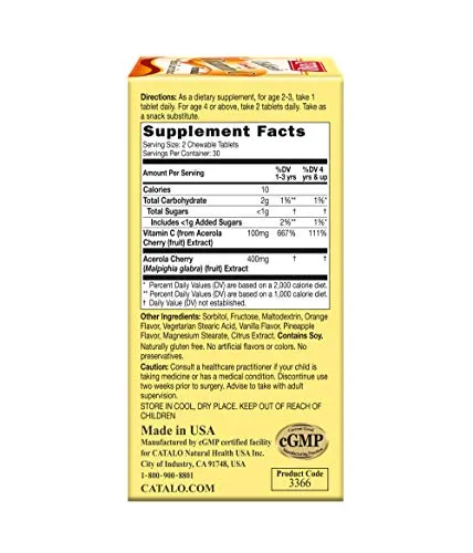 CATALO - Fórmula de vitamina C para niños, soporte de inmunidad con 100 mg de vitamina C de extracto de cereza de acerola, 60 tabletas de sabor a naranja masticables y piña