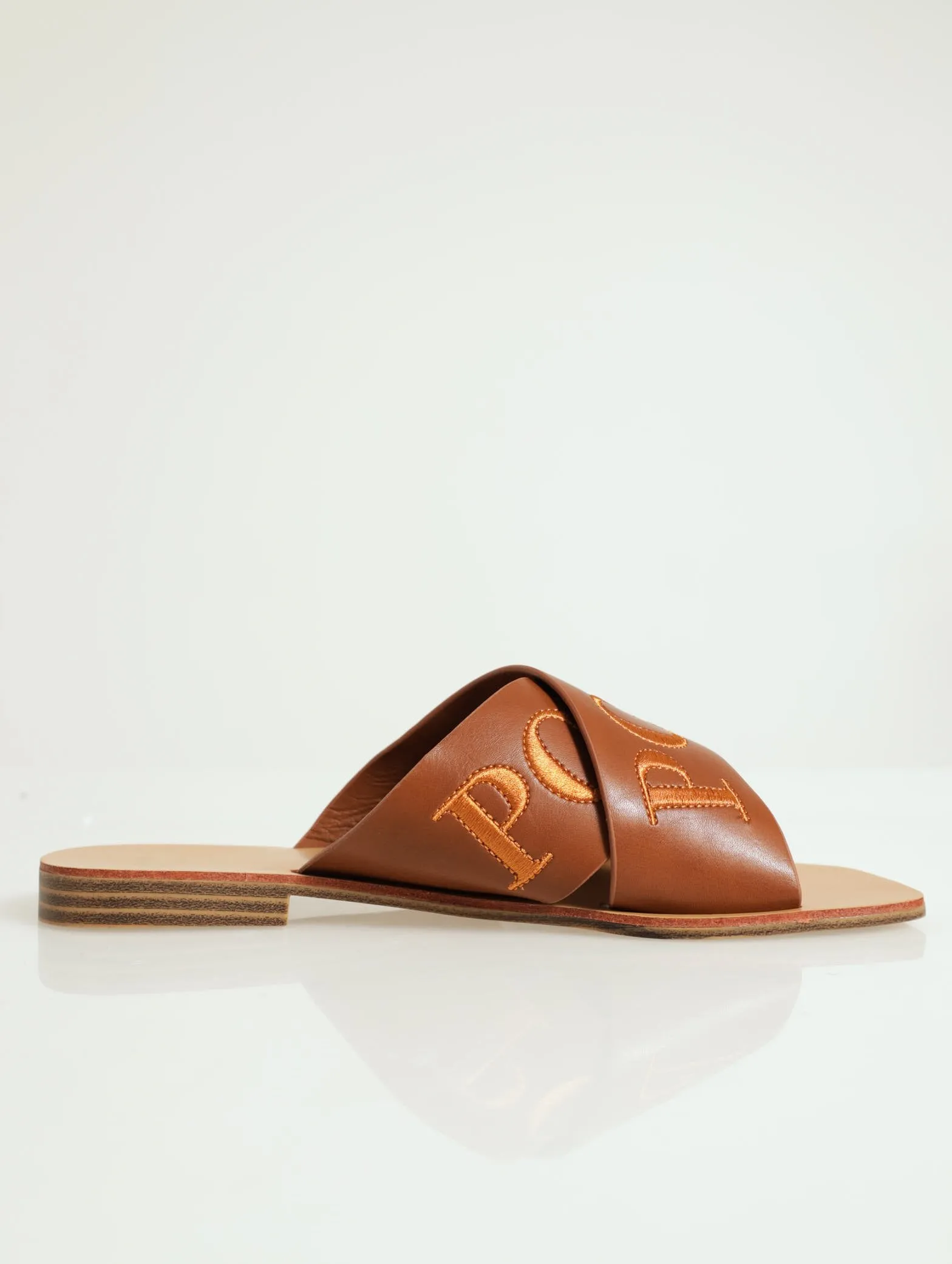 Cross Strap Embroidered Mule Sandal - Tan