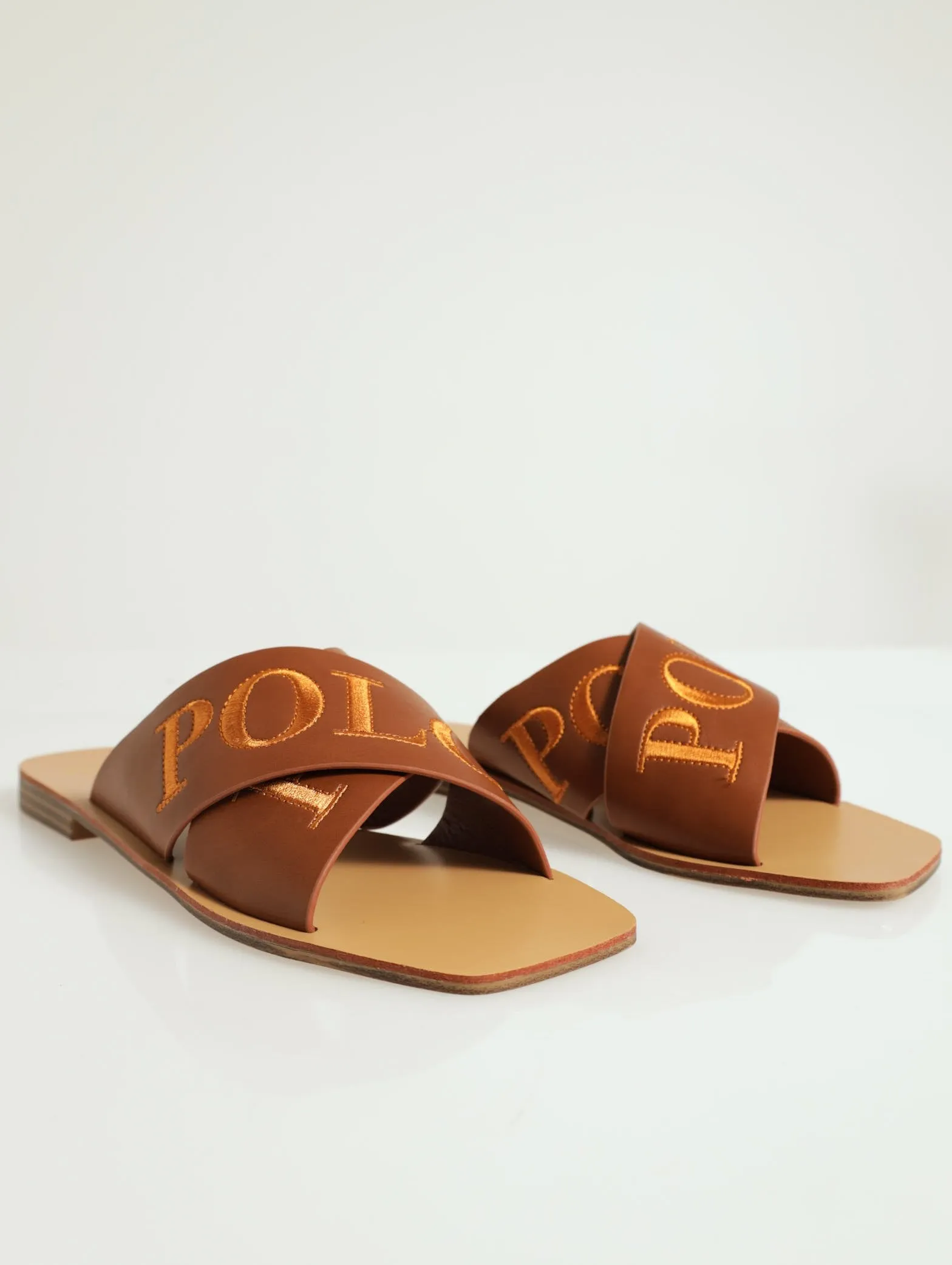 Cross Strap Embroidered Mule Sandal - Tan