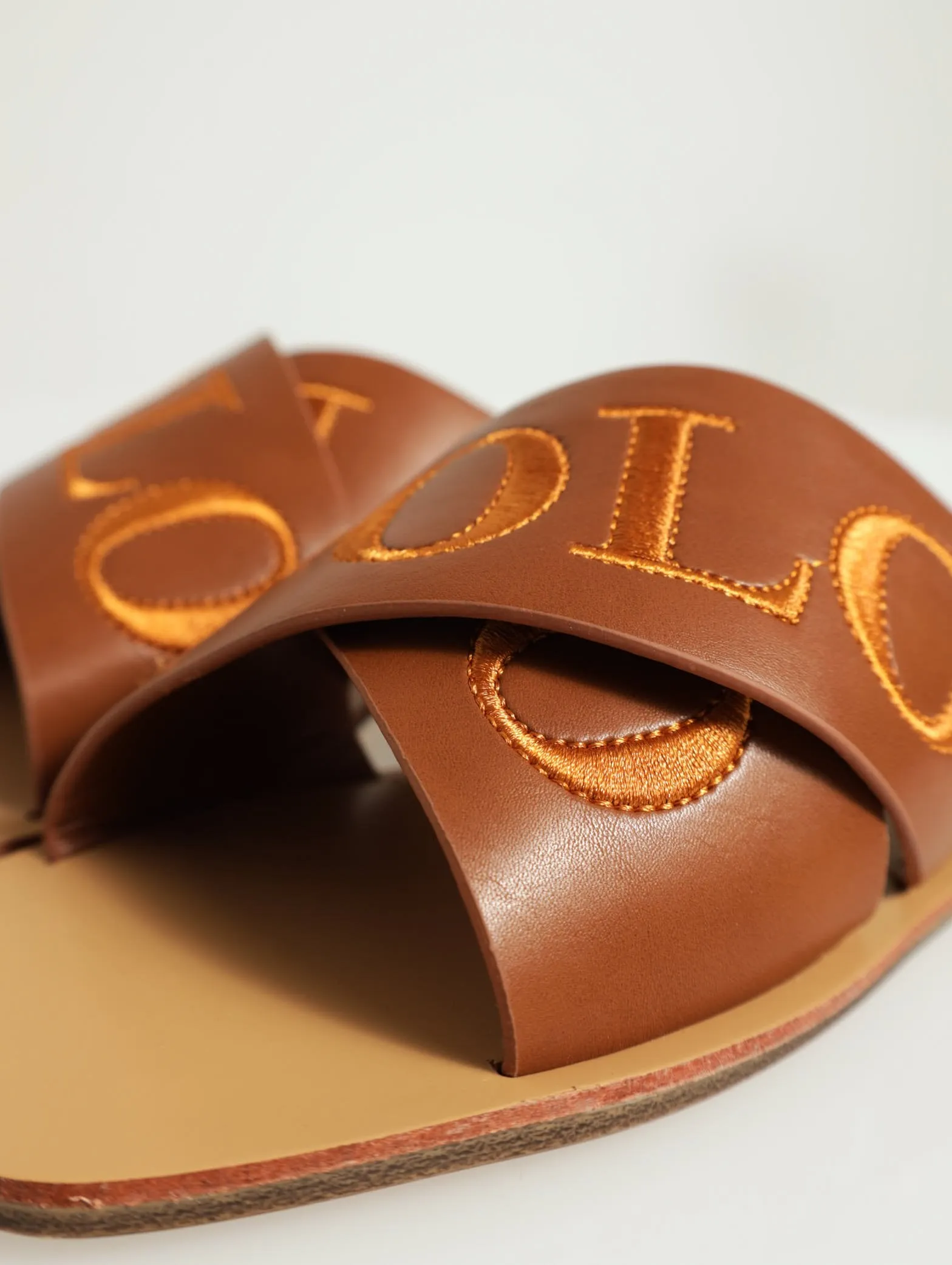Cross Strap Embroidered Mule Sandal - Tan