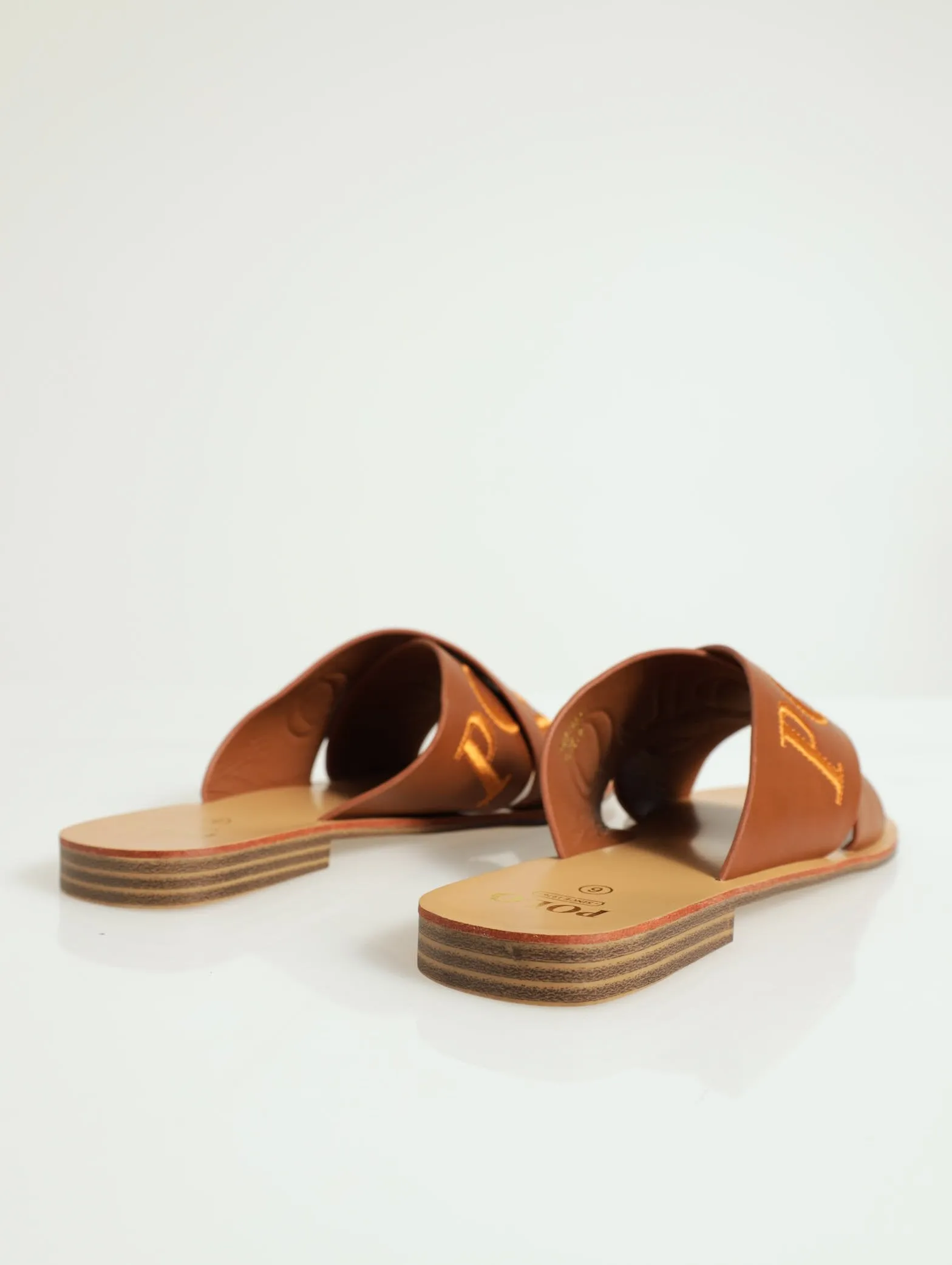 Cross Strap Embroidered Mule Sandal - Tan
