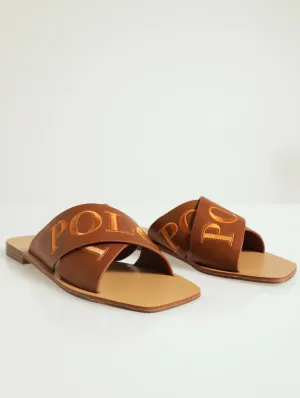 Cross Strap Embroidered Mule Sandal - Tan