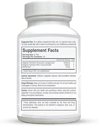 Curcumina Turmerica con Bioperine ~ 95% curcuminoides estandarizados ~ 1300 mg orgánico ~ 60 Veggie cápsulas