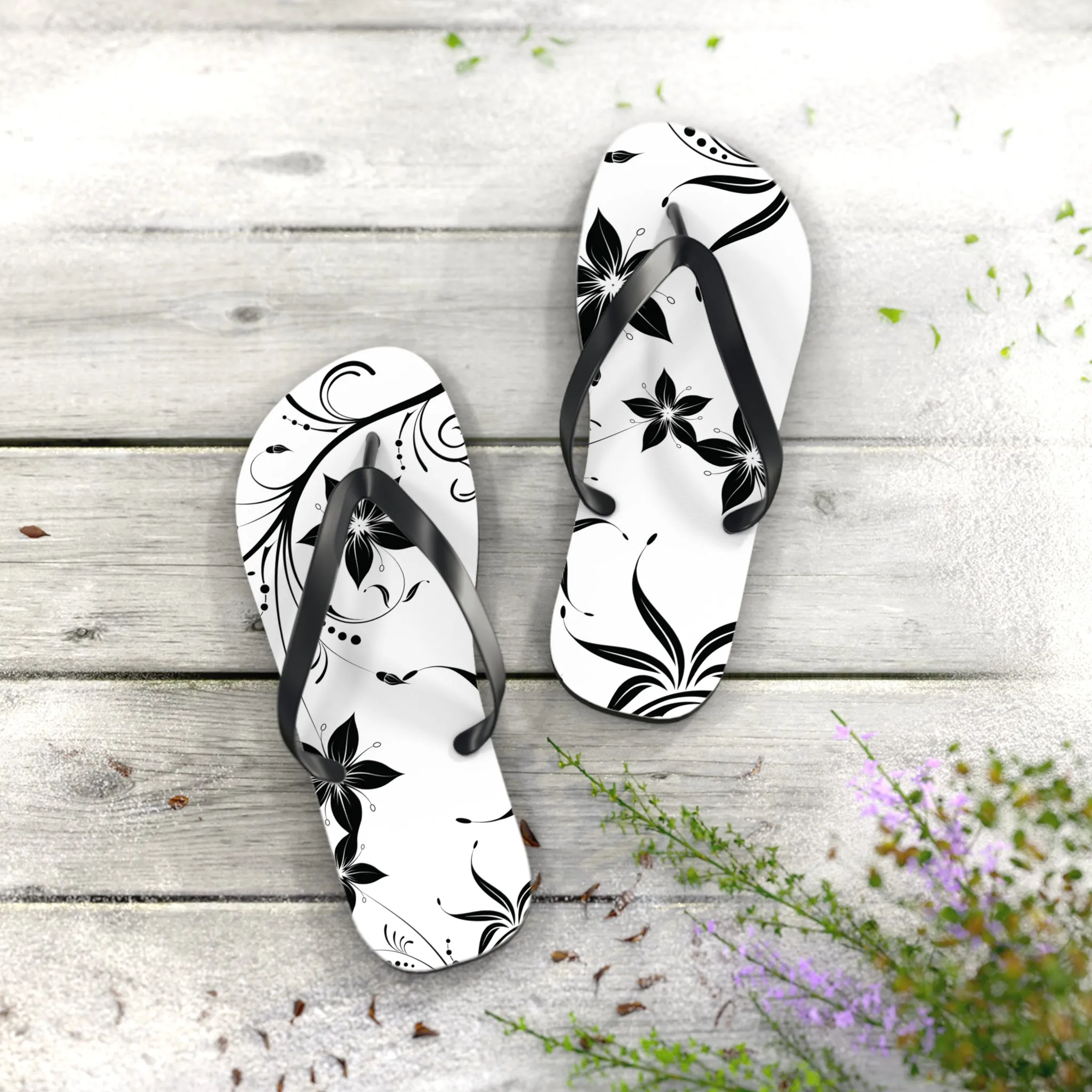 Elegant Black & White Floral Flip Flops - Women's Summer Sandals, Comfortable and Stylish"