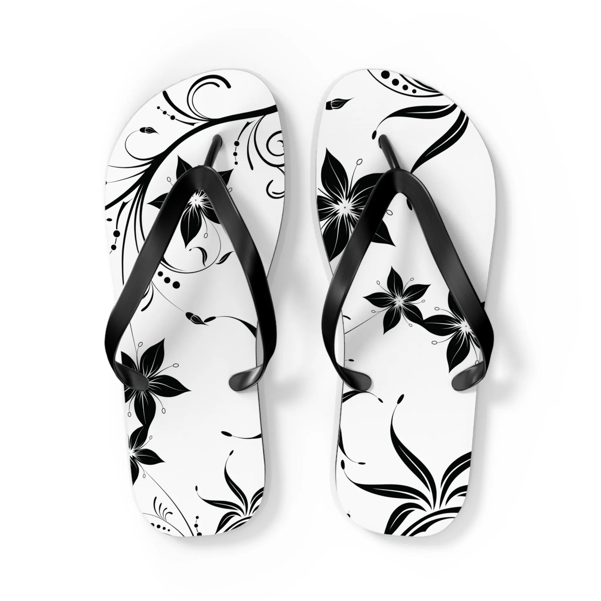 Elegant Black & White Floral Flip Flops - Women's Summer Sandals, Comfortable and Stylish"