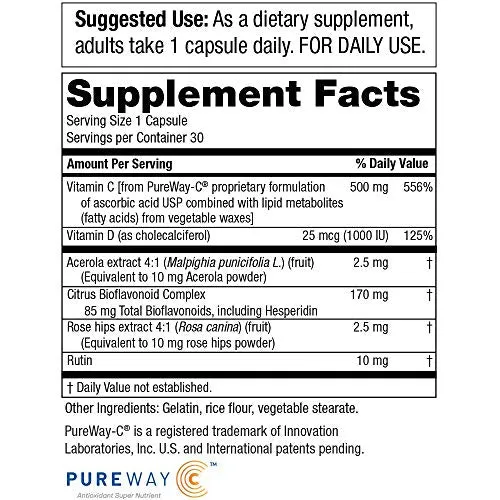 Essential Immunity - Once Daily Vitamin C   D Super Formula by Purity Products - 500 mg PureWay-C - 1000 IU Vitamin D3 - Citrus Bioflavonoids, Rose Hips Extract, Rutin   More - 30 Caps (Box)