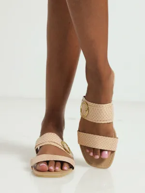 Flat Double Strap Croc Mule W Round Buckle - Beige
