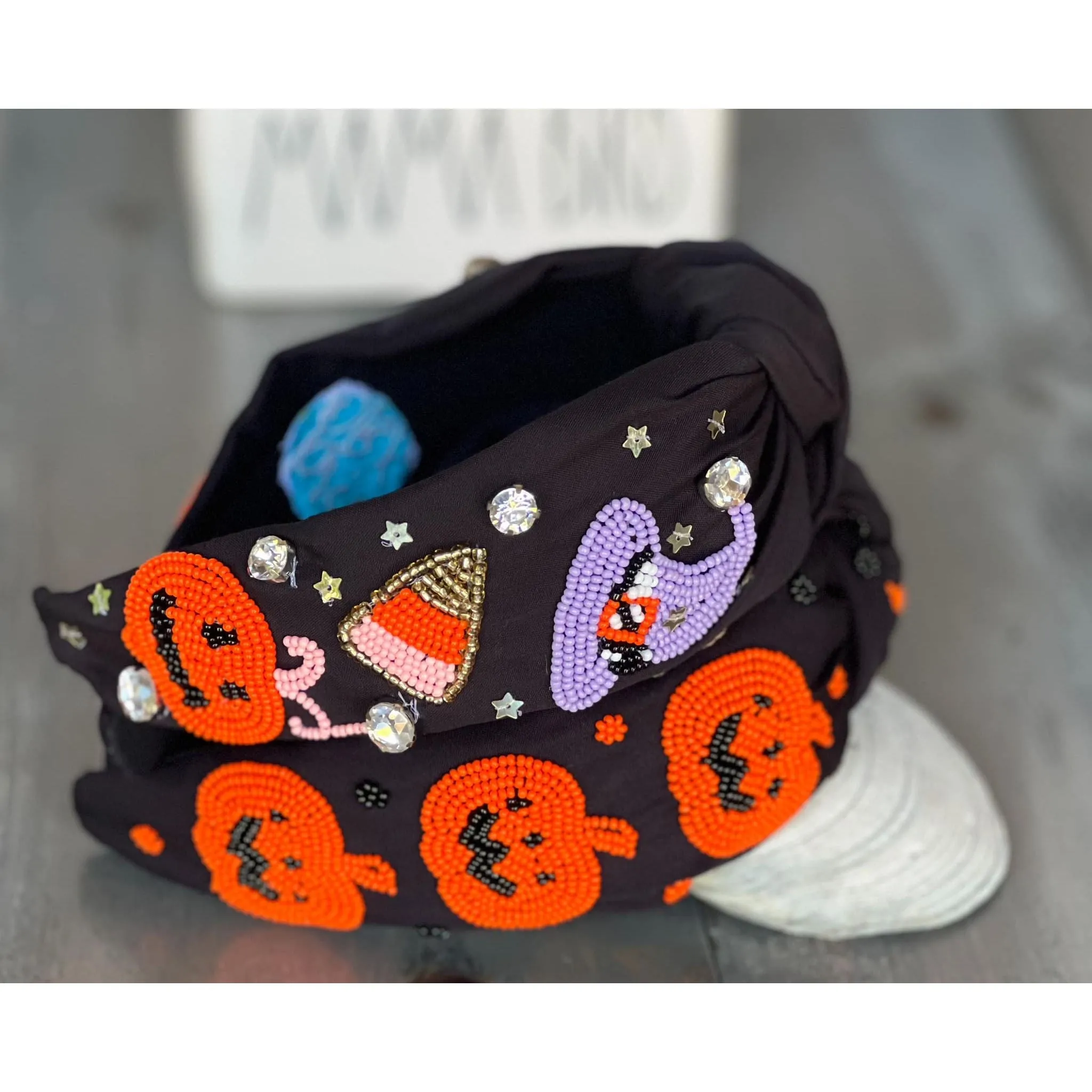 Halloween Witch Hat Candy Corn Top Knot Seed Beaded Handmade Headband