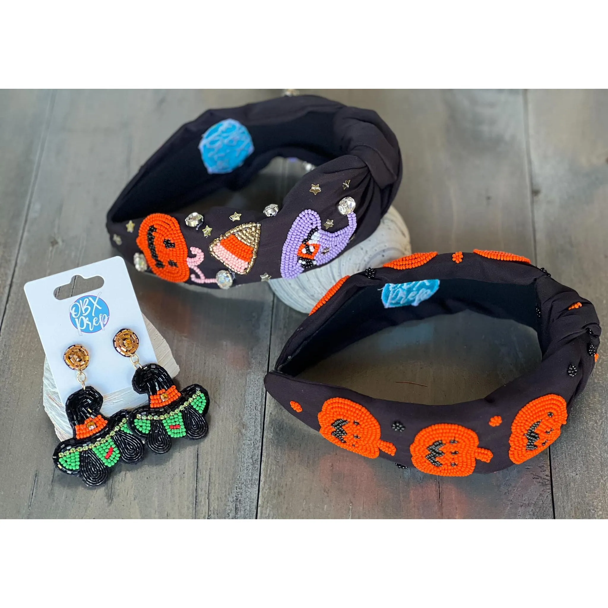 Halloween Witch Hat Candy Corn Top Knot Seed Beaded Handmade Headband