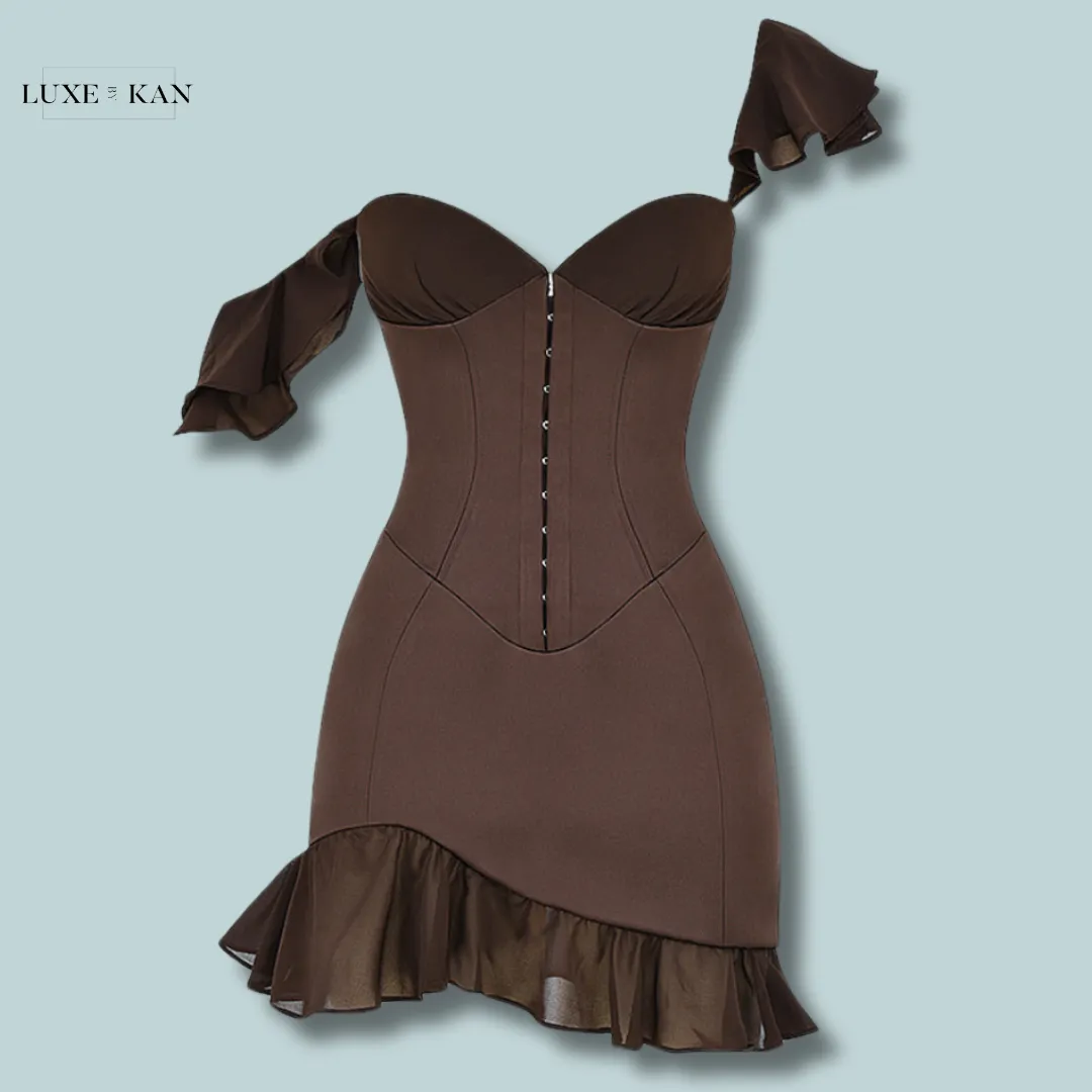 House of CB DIONNE 
ESPRESSO RUFFLE CORSET MINI DRESS