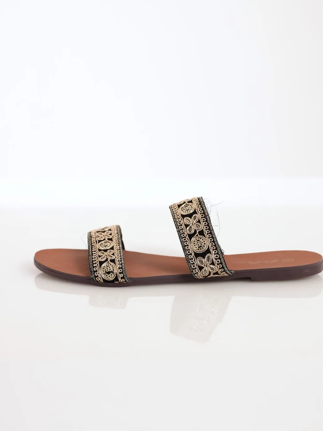 Ladies Embroidered Double Strap Mule Flat Sandal - Black