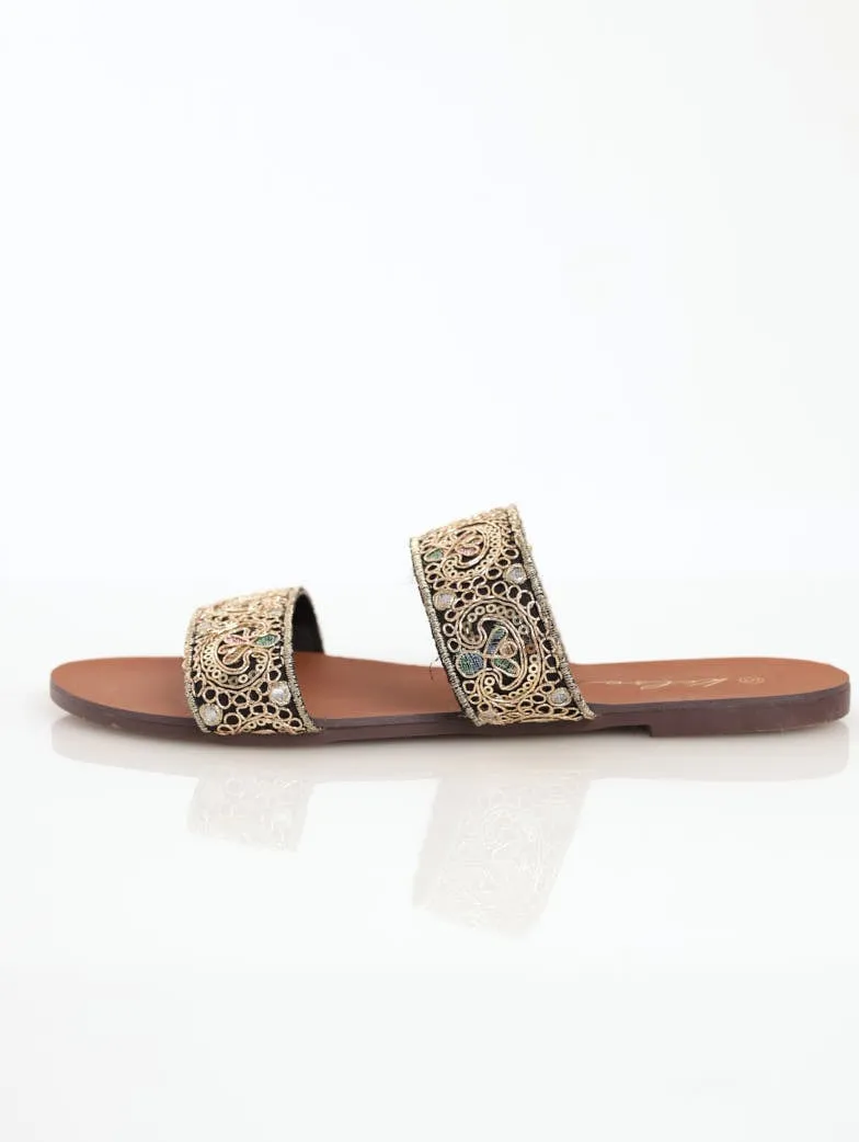 Ladies Embroidered Double Strap Mule Flat Sandal - Black
