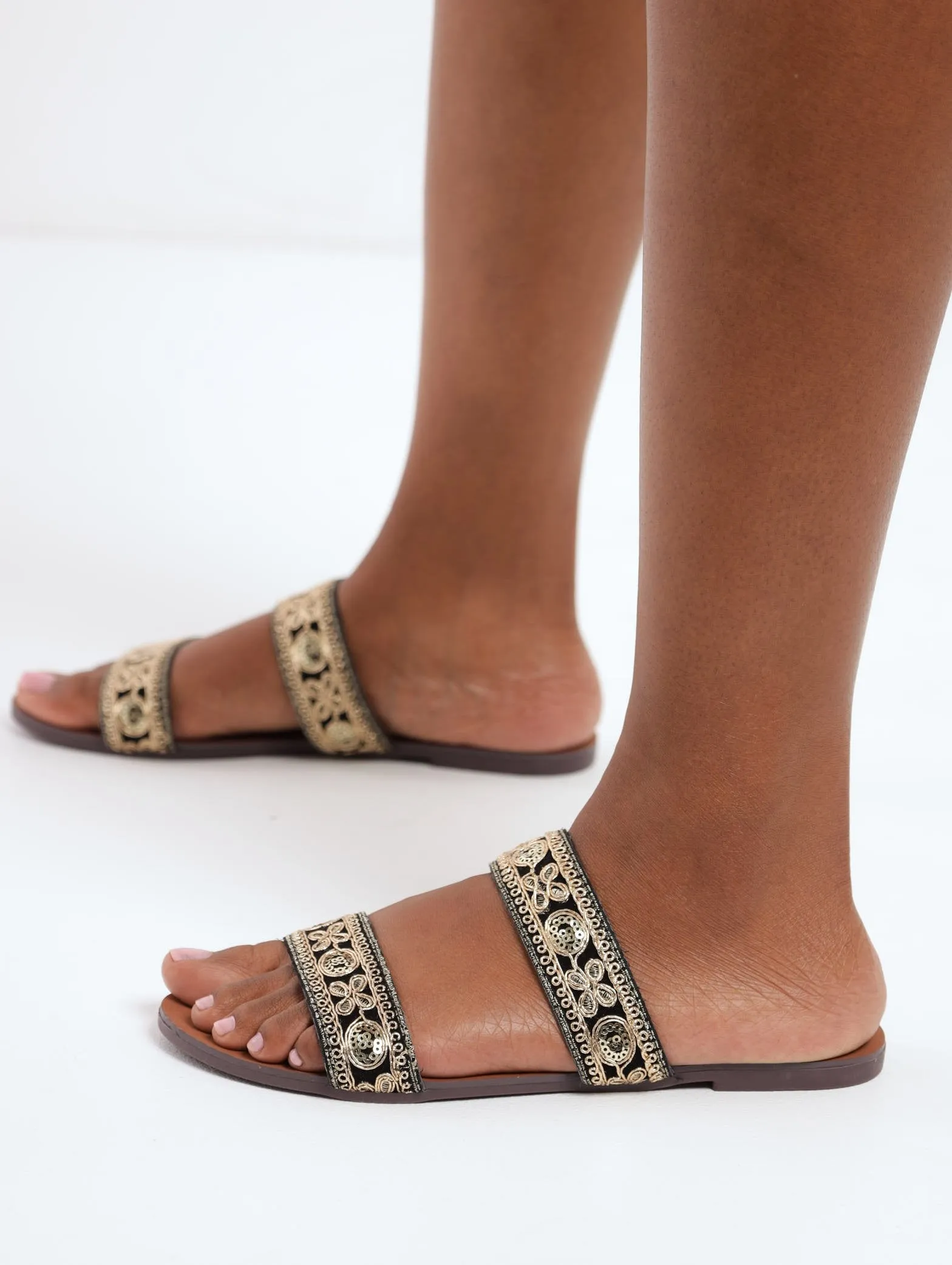 Ladies Embroidered Double Strap Mule Flat Sandal - Black