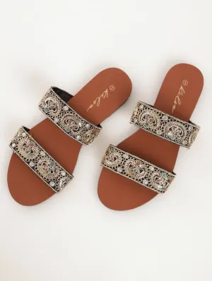 Ladies Embroidered Double Strap Mule Flat Sandal - Black