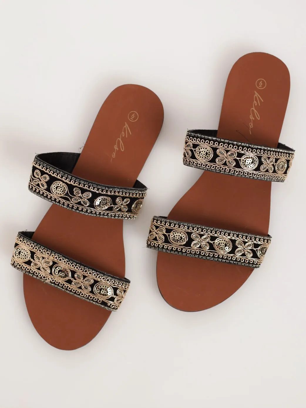 Ladies Embroidered Double Strap Mule Flat Sandal - Black