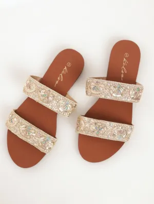 Ladies Embroidered Double Strap Mule Flat Sandal - Cream