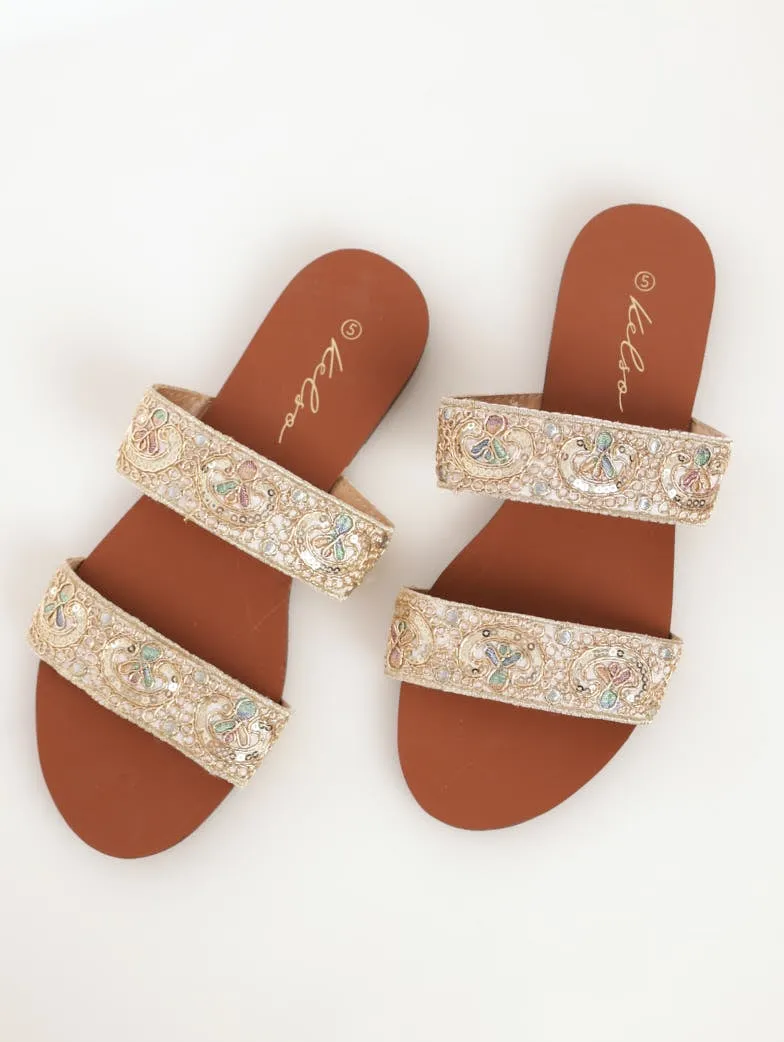 Ladies Embroidered Double Strap Mule Flat Sandal - Cream