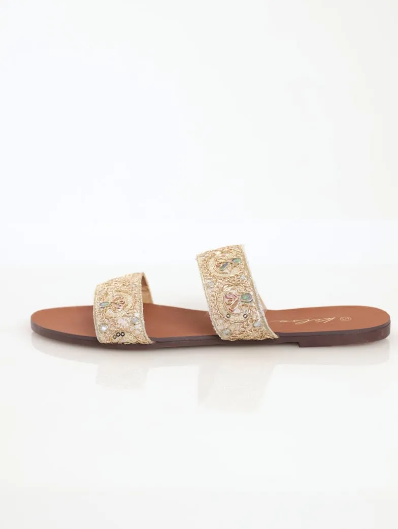 Ladies Embroidered Double Strap Mule Flat Sandal - Cream