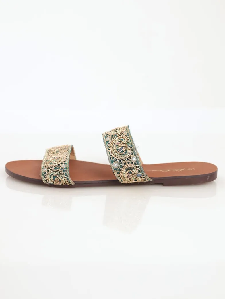 Ladies Embroidered Double Strap Mule Flat Sandal - Turquoise