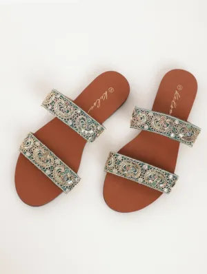 Ladies Embroidered Double Strap Mule Flat Sandal - Turquoise