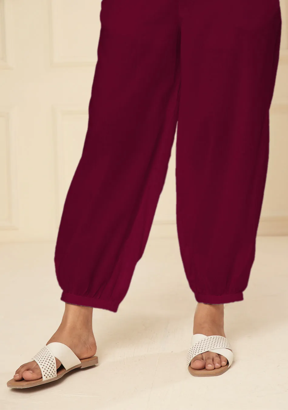 MAROON EMBROIDERED LACE CUFF PANT