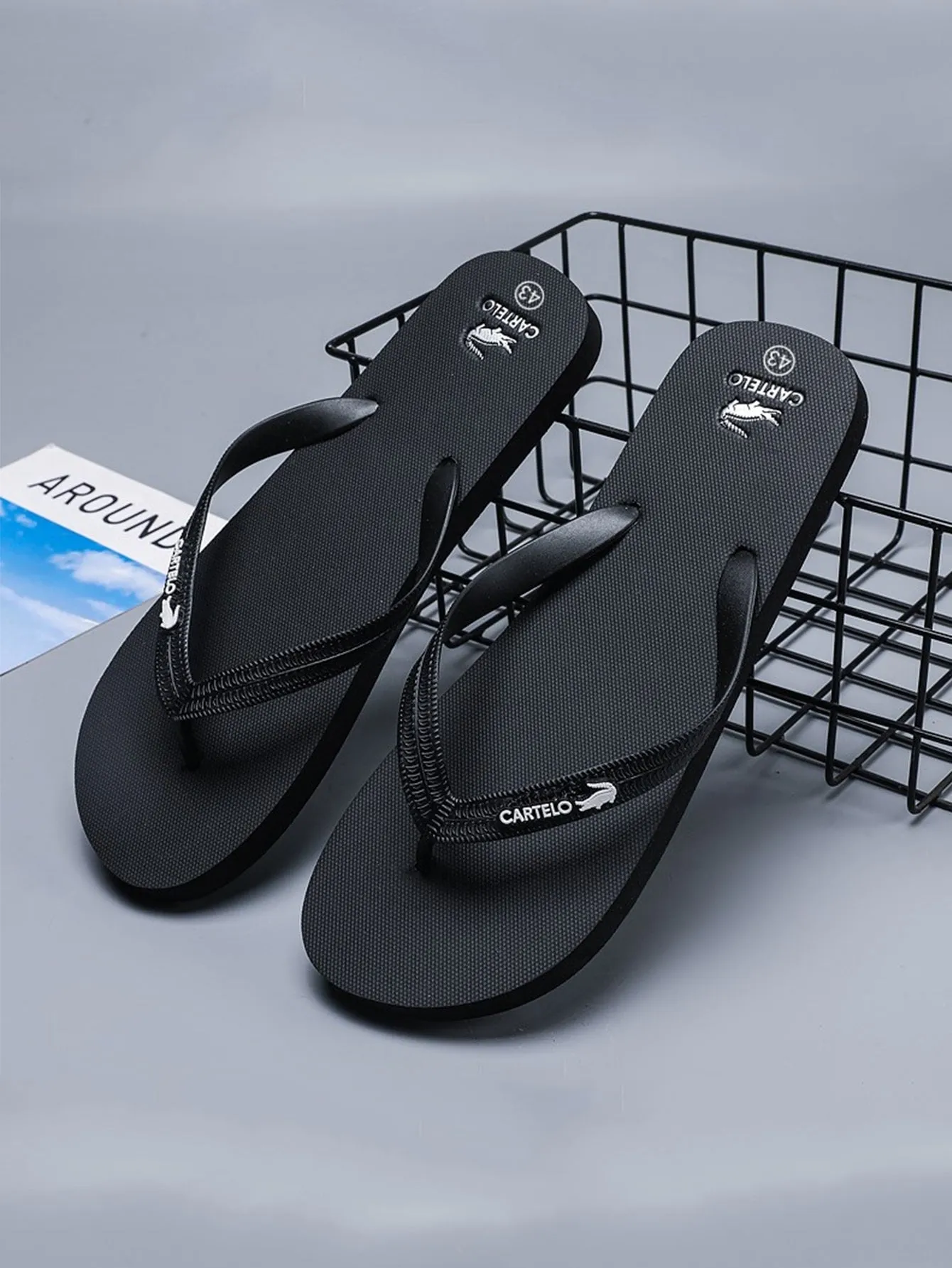 Men Black Metal Decor Flip-Flops