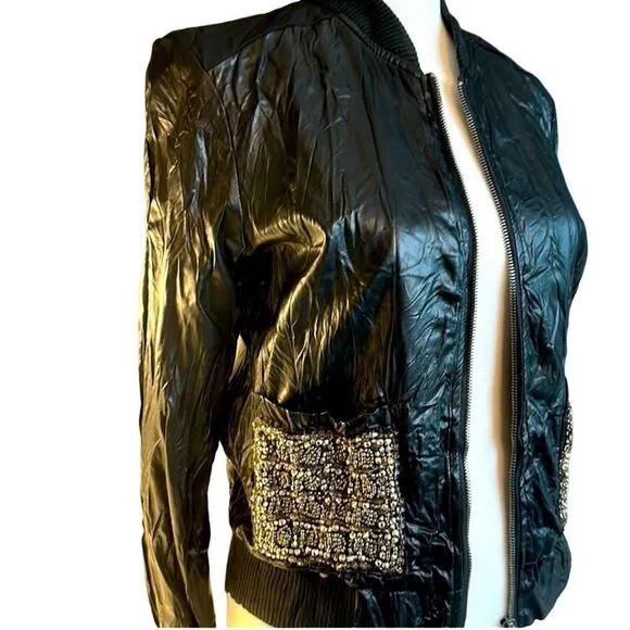 Miss Me Black Metallic Beaded Moto Vegan Leather Jacket