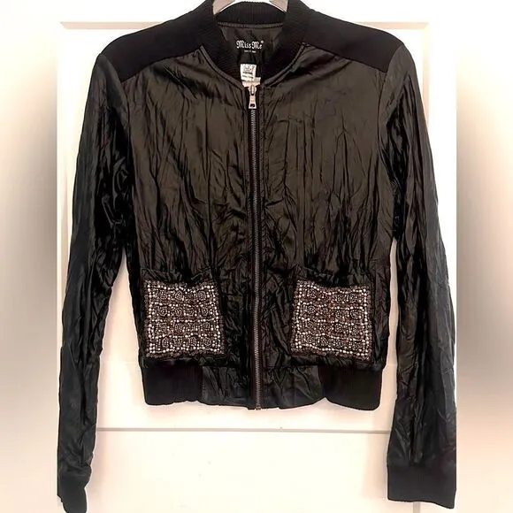 Miss Me Black Metallic Beaded Moto Vegan Leather Jacket