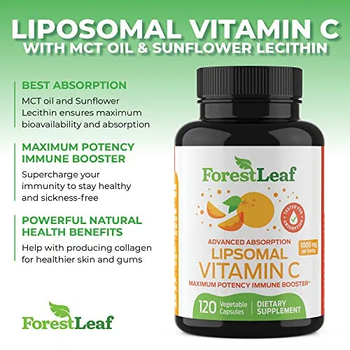 Natural Liposomal Vitamin C Immune System Booster 1000mg - with MCT Oil and Sunflower Lecithin - Maximum Potency - Dry Liposomal Support for Superior Absorption - 120 Capsules - ForestLeaf