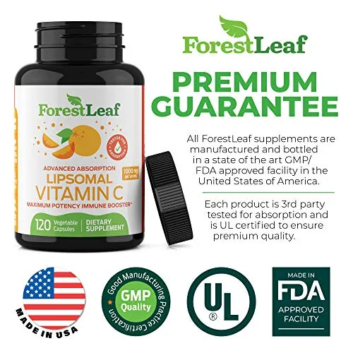 Natural Liposomal Vitamin C Immune System Booster 1000mg - with MCT Oil and Sunflower Lecithin - Maximum Potency - Dry Liposomal Support for Superior Absorption - 120 Capsules - ForestLeaf