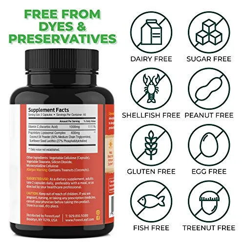 Natural Liposomal Vitamin C Immune System Booster 1000mg - with MCT Oil and Sunflower Lecithin - Maximum Potency - Dry Liposomal Support for Superior Absorption - 120 Capsules - ForestLeaf