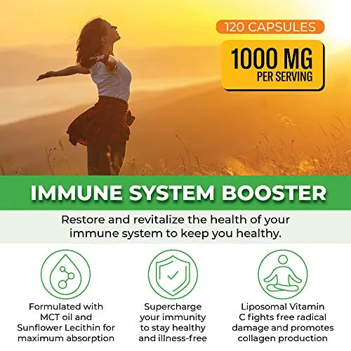 Natural Liposomal Vitamin C Immune System Booster 1000mg - with MCT Oil and Sunflower Lecithin - Maximum Potency - Dry Liposomal Support for Superior Absorption - 120 Capsules - ForestLeaf