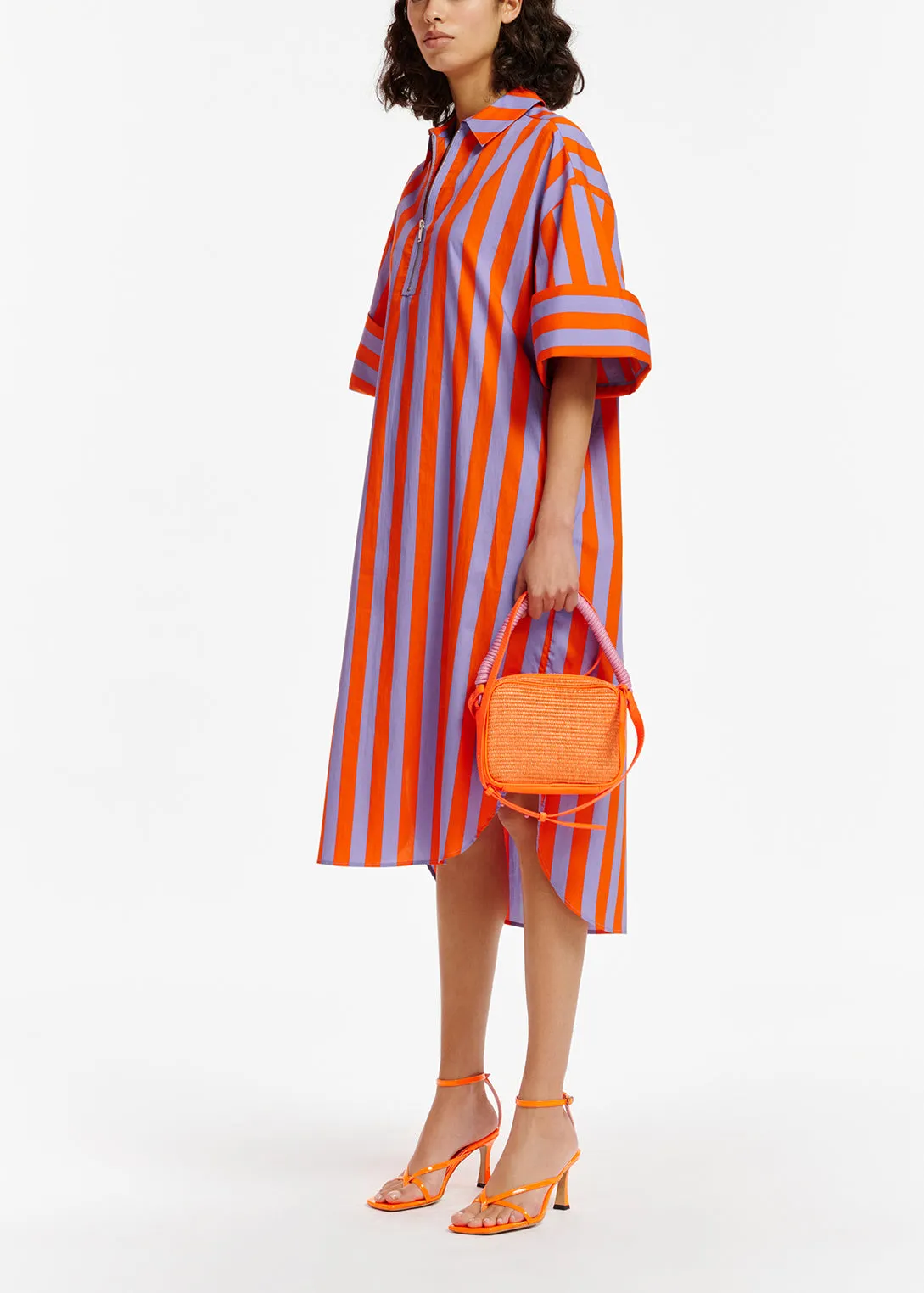 Orange and lilac striped cotton shirt dress