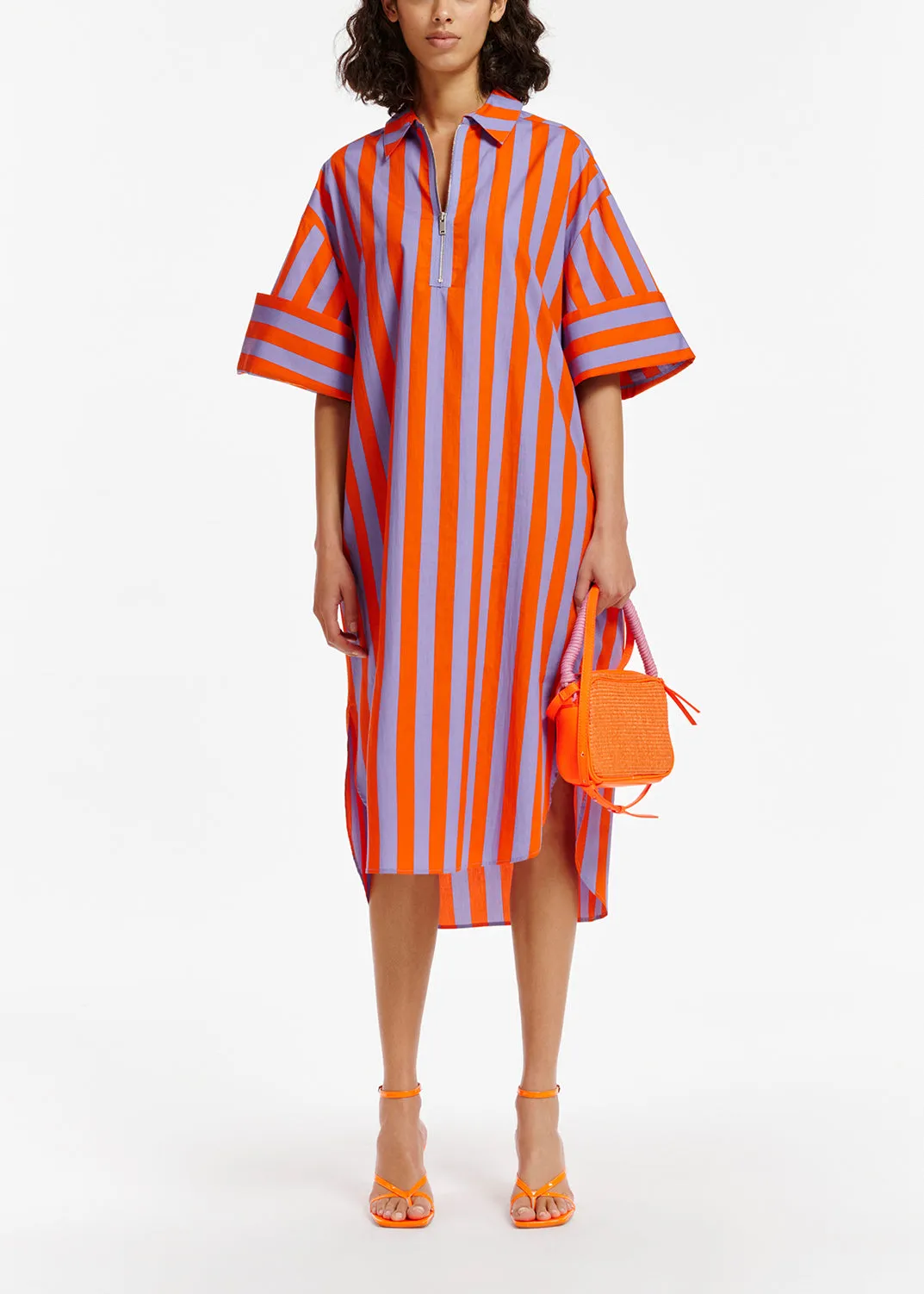 Orange and lilac striped cotton shirt dress
