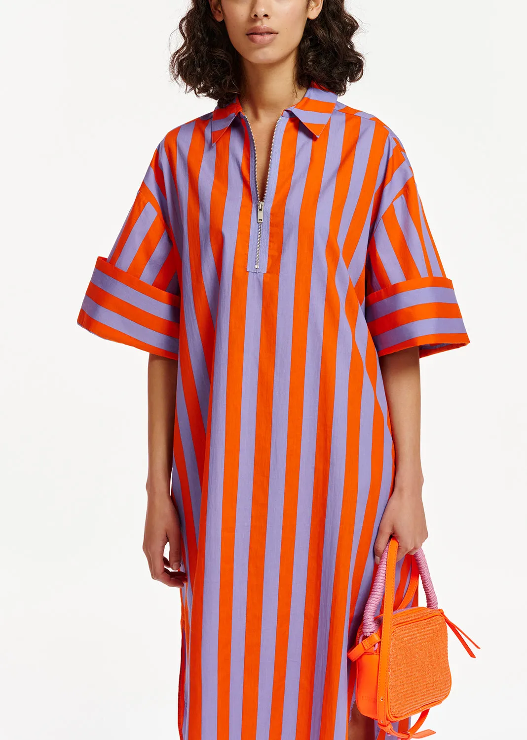 Orange and lilac striped cotton shirt dress