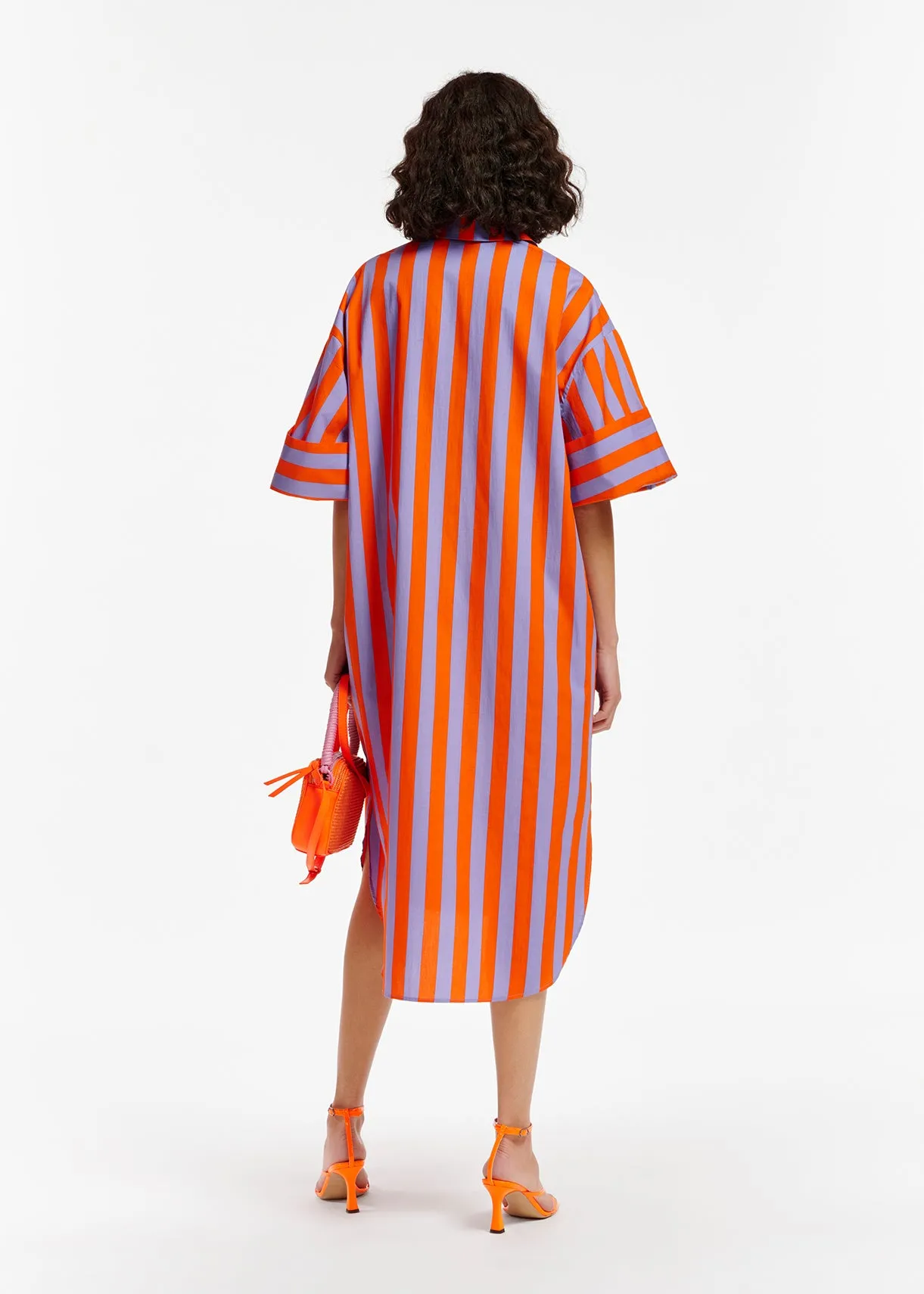 Orange and lilac striped cotton shirt dress