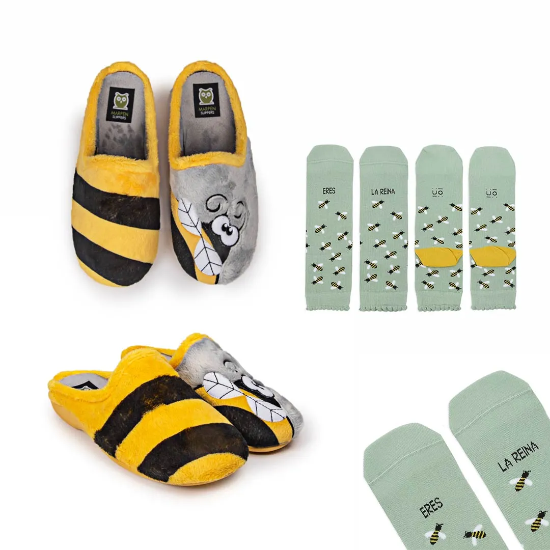Pack Calcetín "Eres la reina"   Slippers Abeja Amarillo